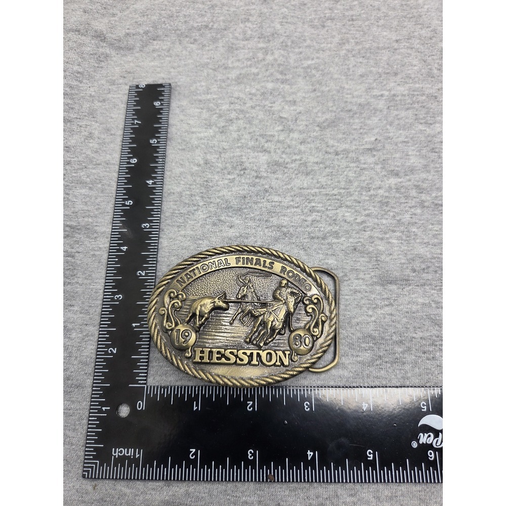 National Finals Rodeo 1980 Hesston Solid Brass Belt Buckle Vintage Western - Picture 6 of 7